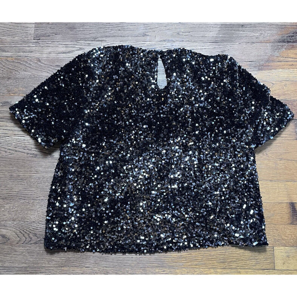 Alex Marie Sequined Blouse Stretch Short Sleeve Lined Party Top Black Womens XL - Picture 3 of 16